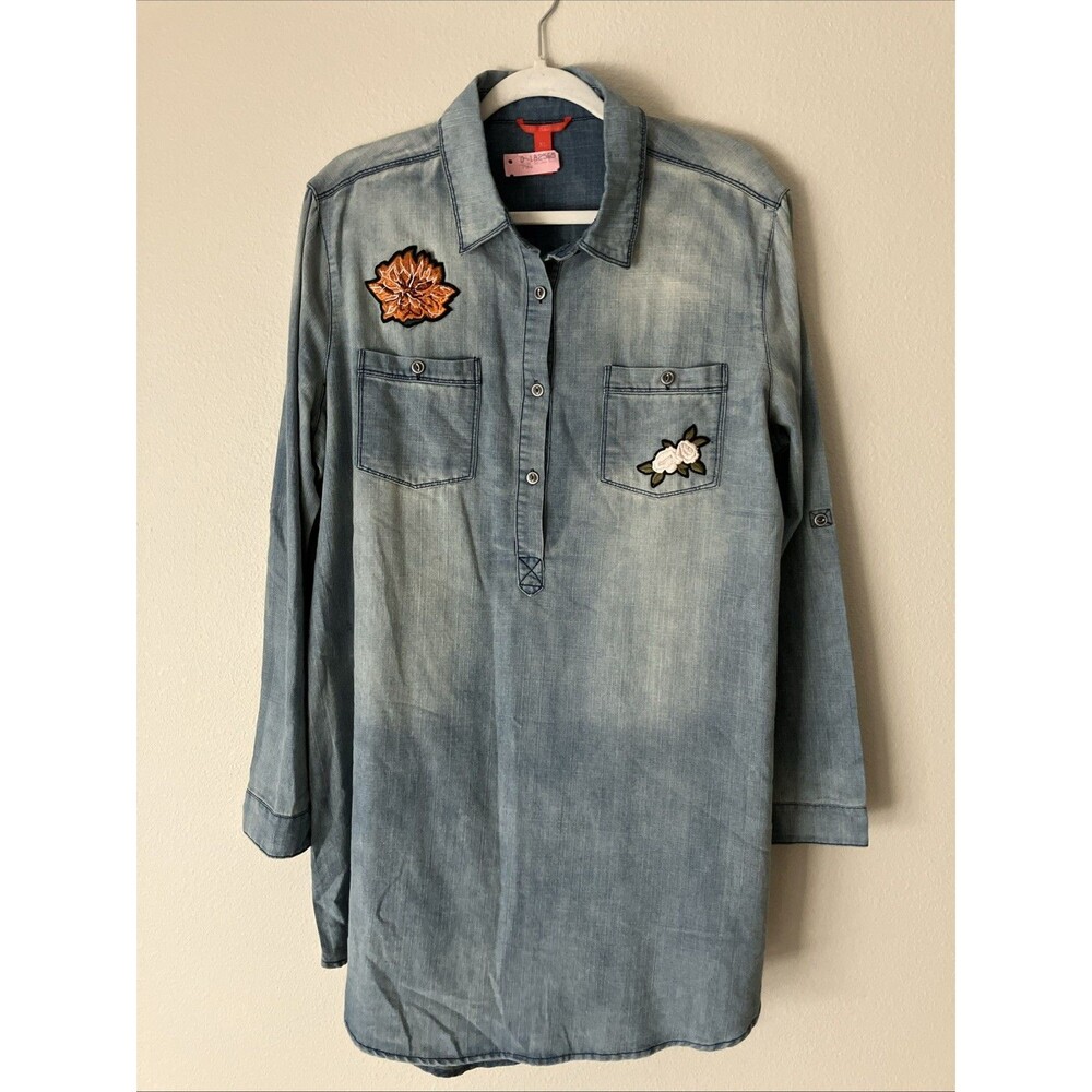 Chelsea & Violet Denim Shirt Dress Embroidered Patch Roll Tab Slv Boho XL